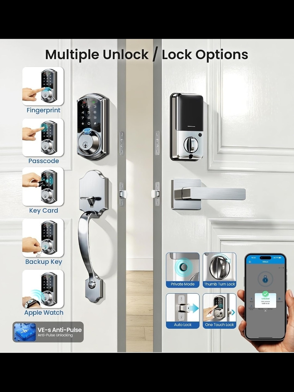 Veise VE07-H Fingerprint Smart Lock Keypad Deadbolt Handle App Alexa Satin Nicke
